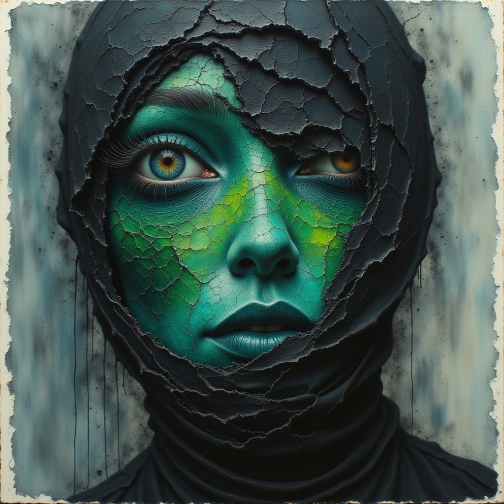 <lora:Cracked:1.0> depict a woman in Tourmaline green, onyx ...