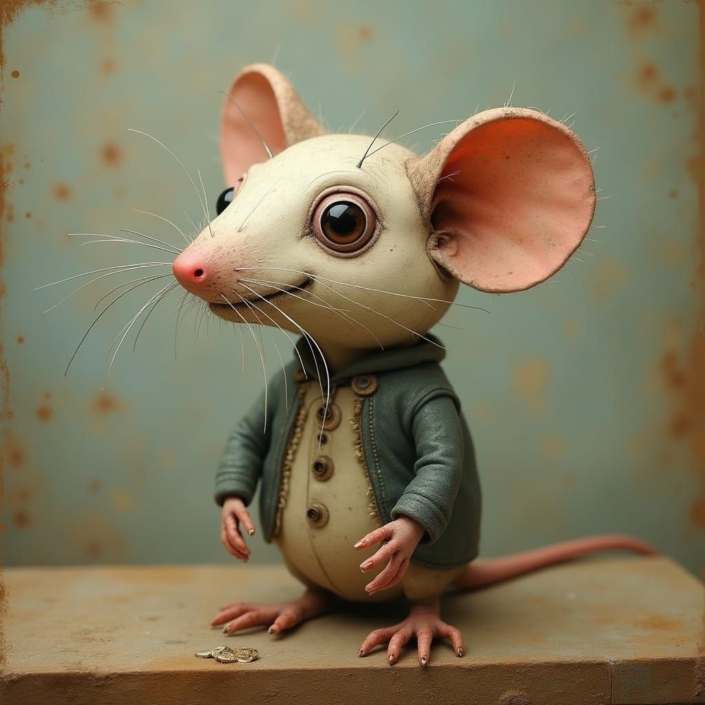 Whimsical Surrealist Robot Rat in Mixed Media