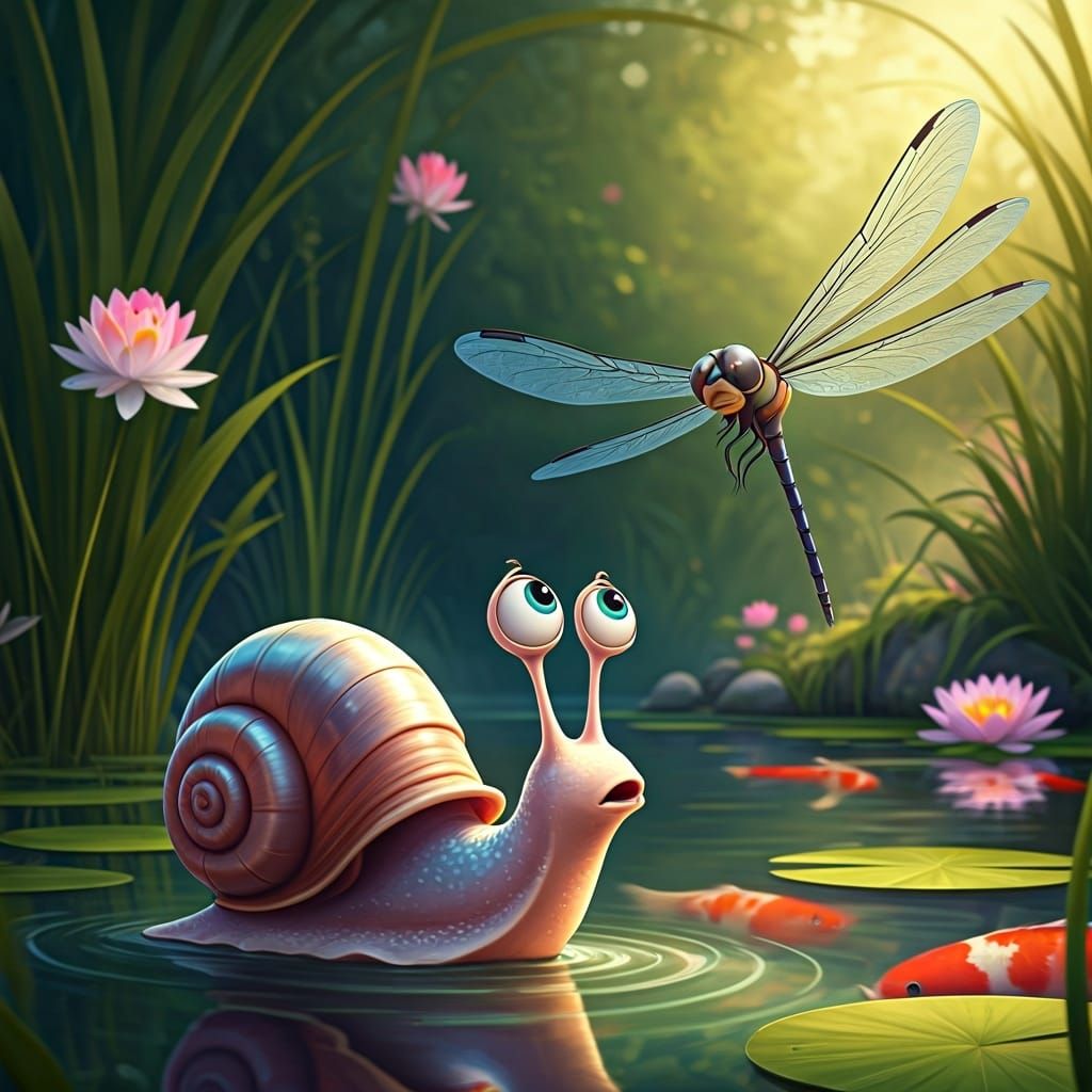 Cute Iridescent Snail and Dragonfly, Disney-Pixar Style