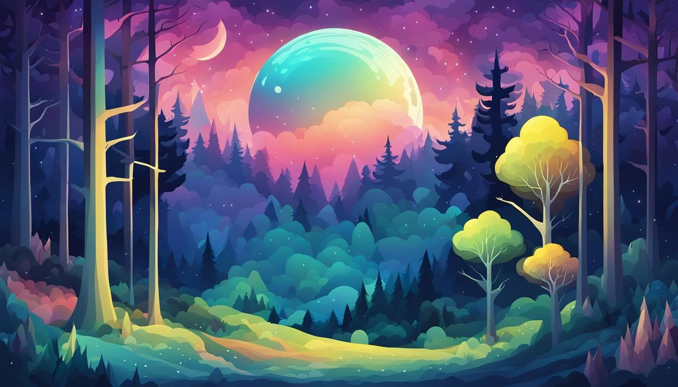Iridescent Moon Over Abstract Forest: Cartoon Poster