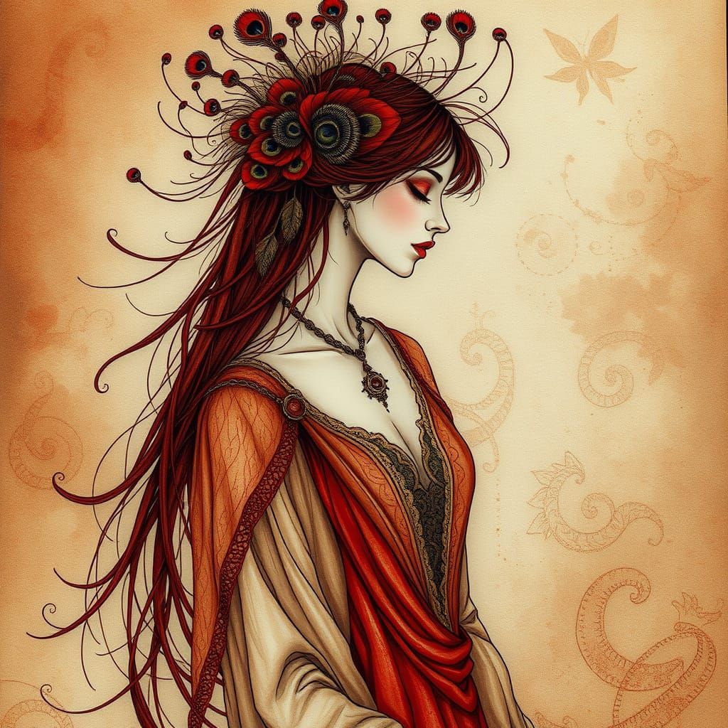 Woman with Peacock Feathers in Alcohol Ink Style