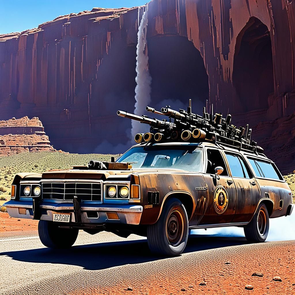 Post-Apocalyptic Armored Car Chase in Ruined Landscape