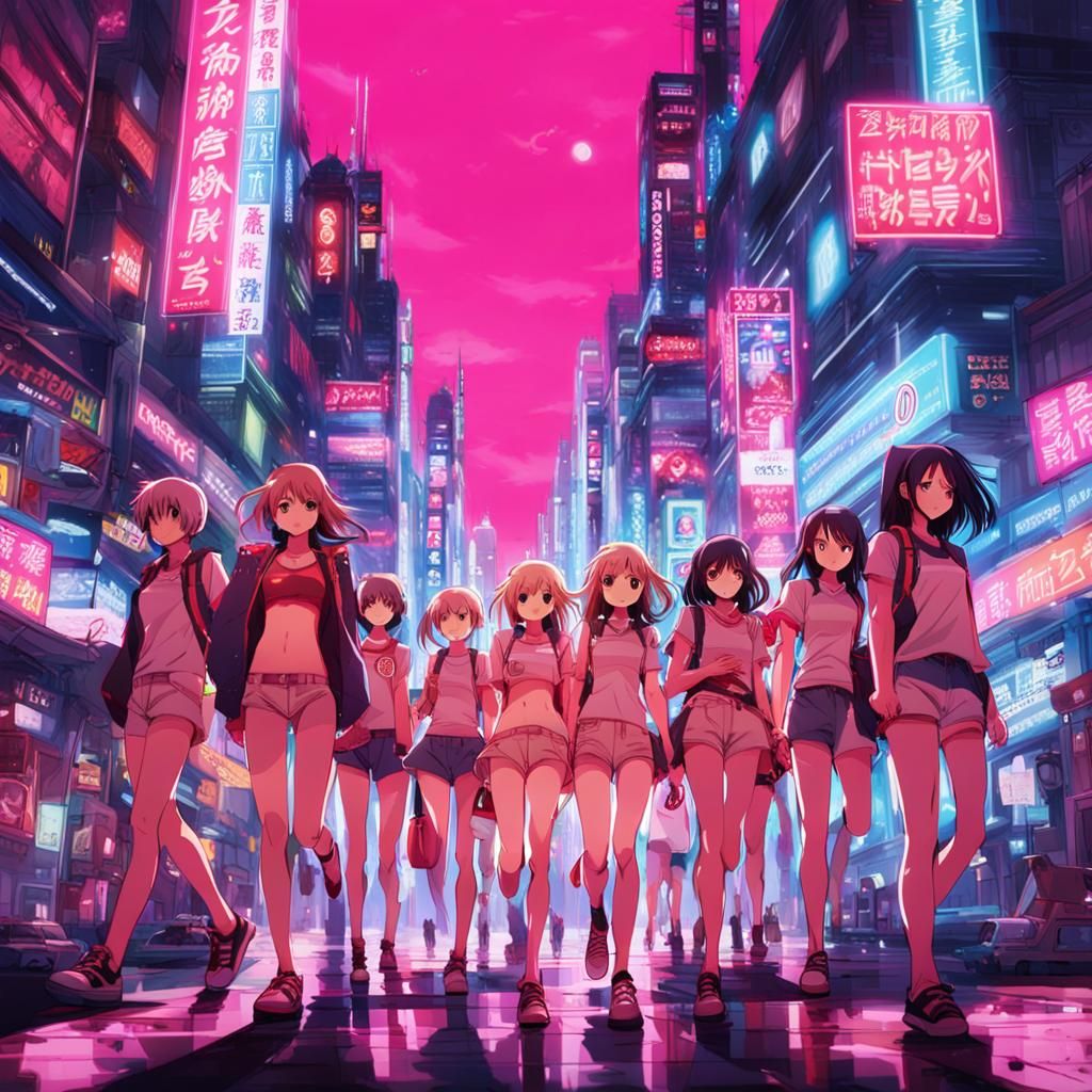 Neon Pink Bikinis in a Sci-Fi City: Anime Style