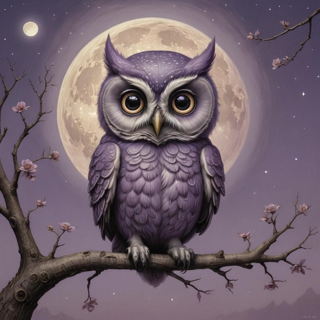Purple Owl with Luminous Eyes and Moon, Pop Surrealism