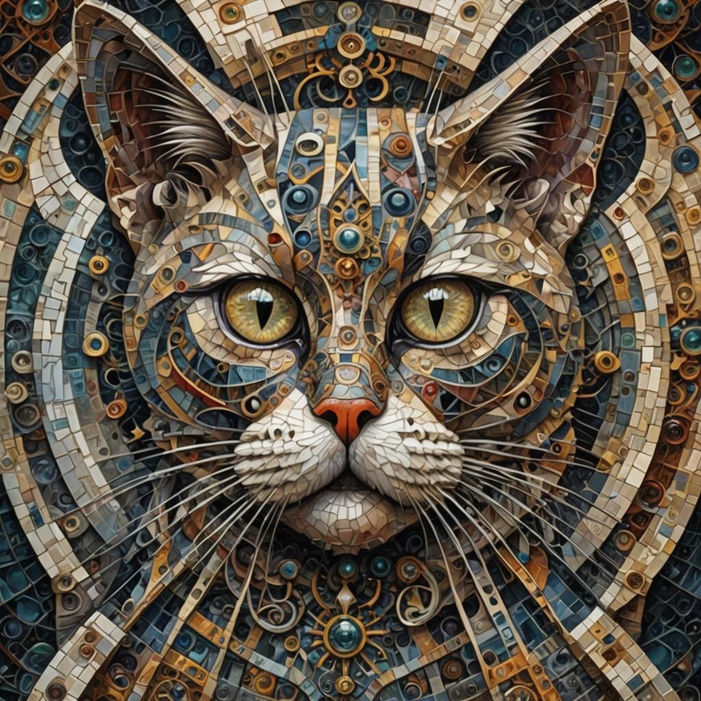 Surreal Cross-Eyed Cat in Fractal Mosaic Style