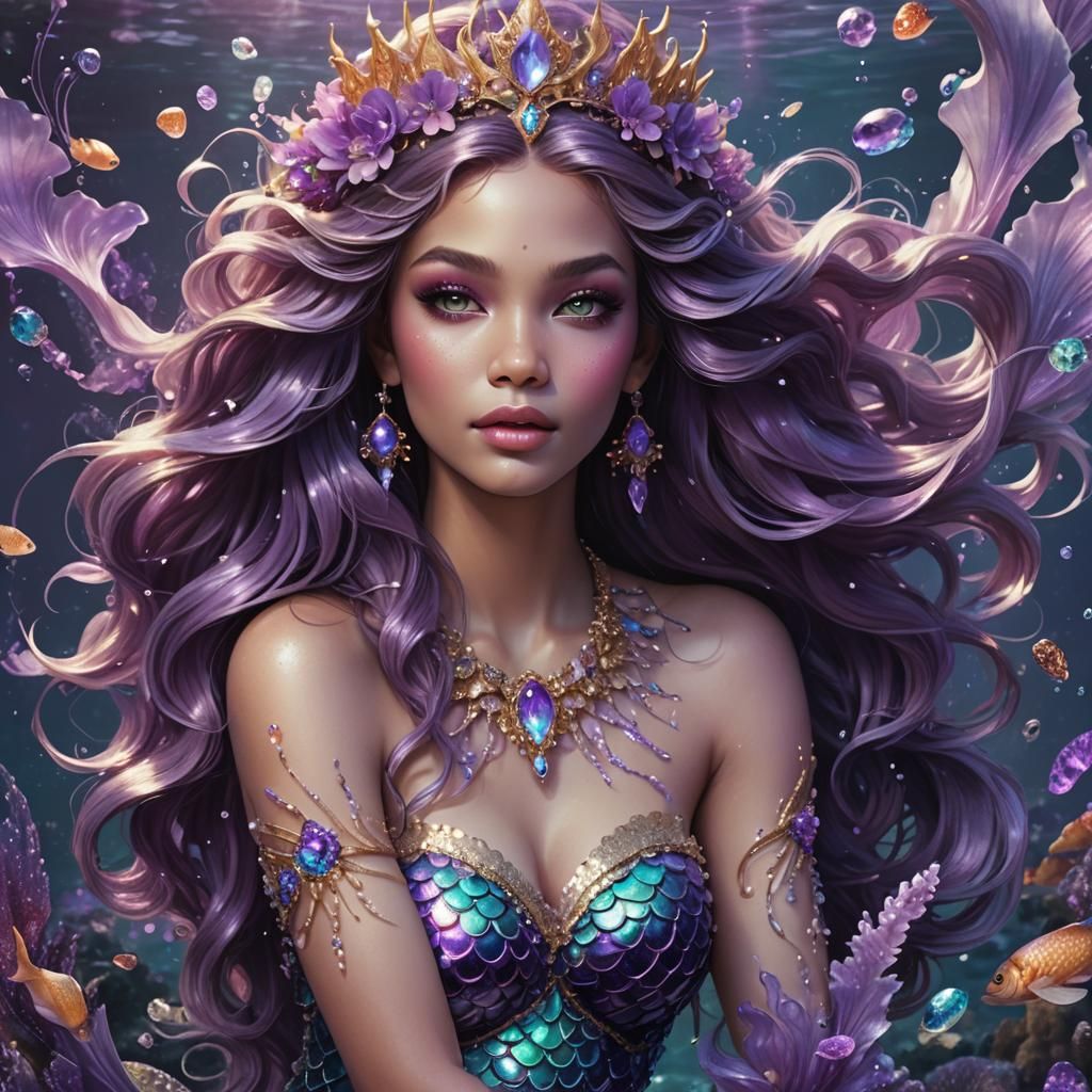 Regal Mermaid Queen with Purple Jewels, Digital Art