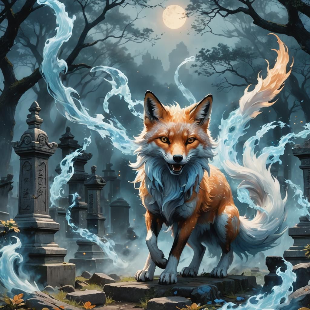Ethereal Two-Tailed Fox Spirit in Hyperrealistic Style