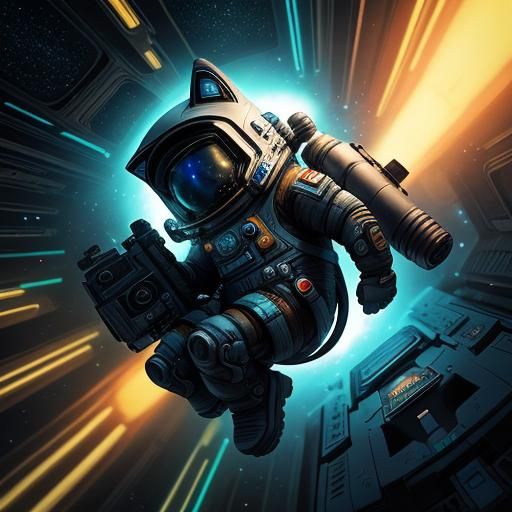 Cute Cat Astronaut in Cyberpunk Sci-Fi Scene