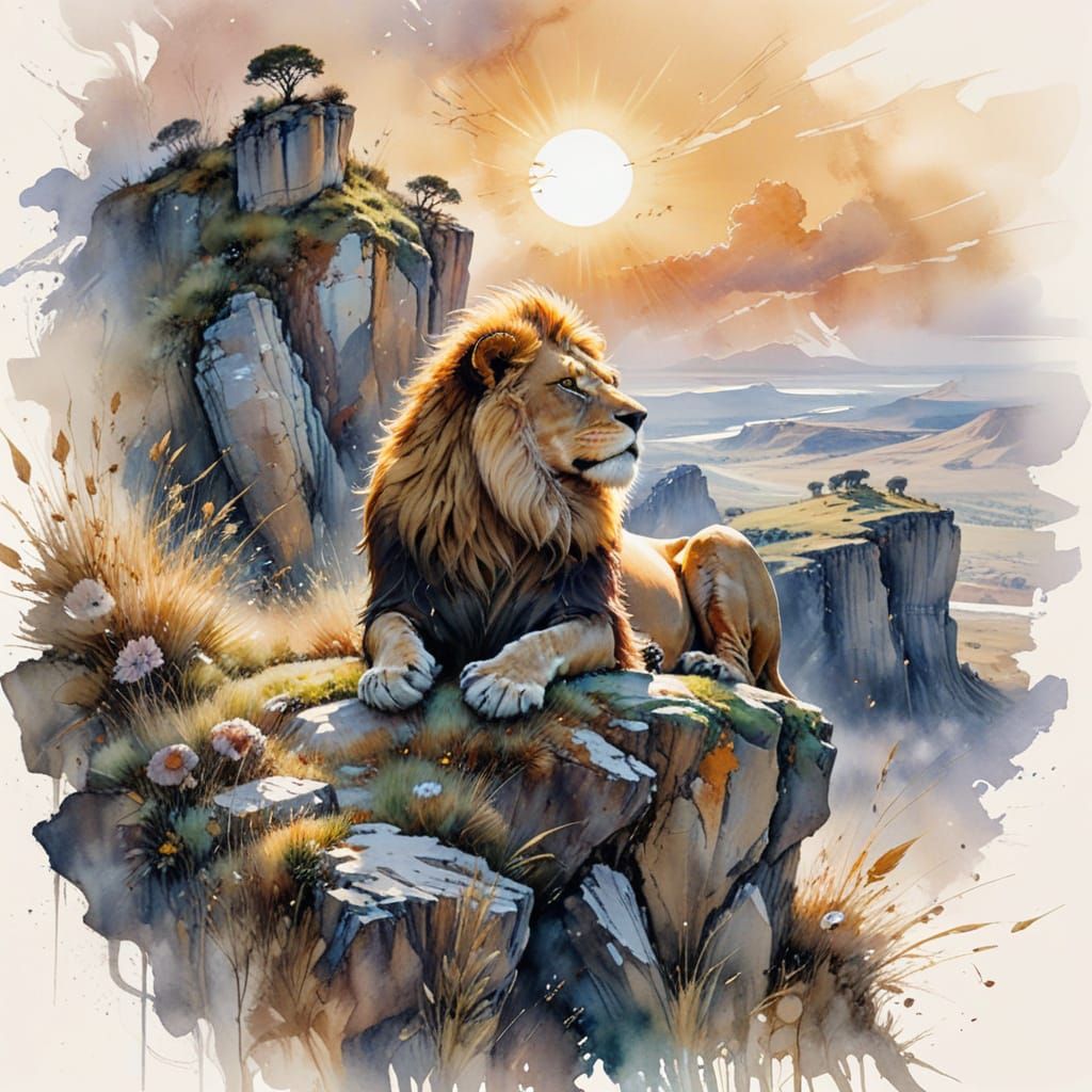 Regal Lion Surveying His Domain on Endless Grasslands