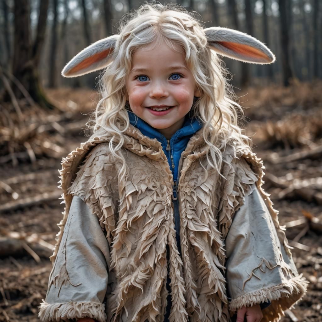 Hyperrealistic Girl with Rabbit Ears and Muddy Poncho