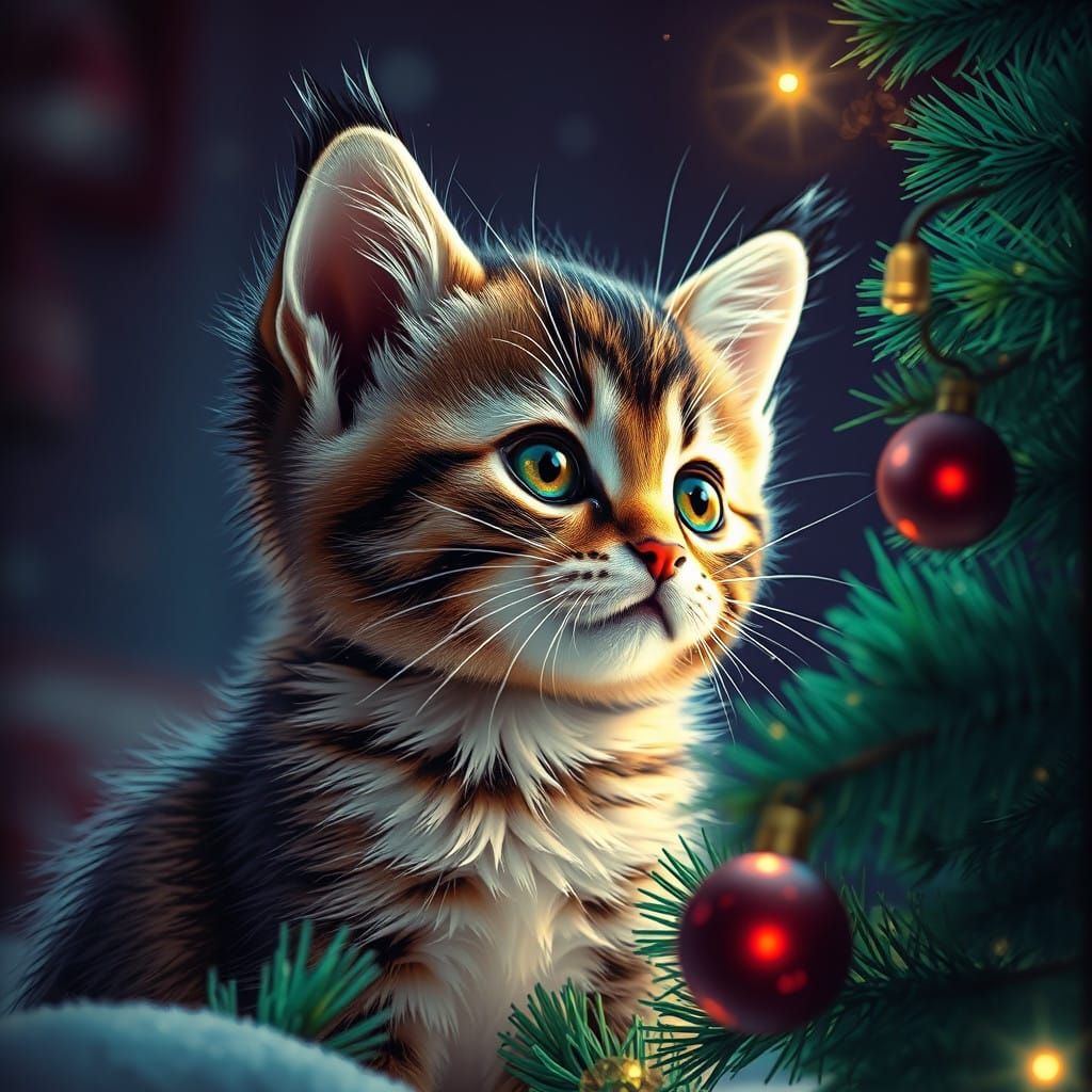 Afrofuturistic Kitten Gazes at Christmas Tree in Stunning De...