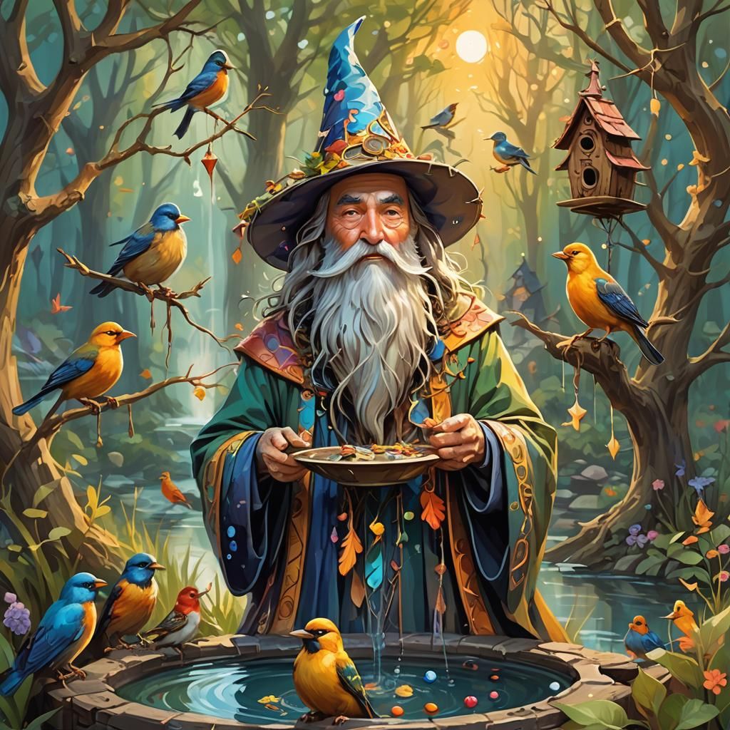 Whimsical Wizard with Bird Beard Concept Art
