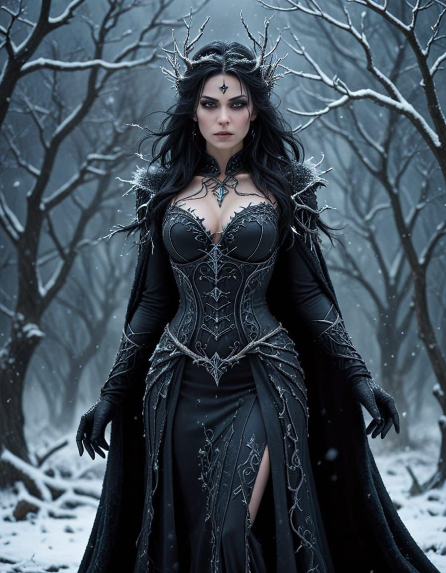 Gothic Witch Conjures Icy Magic in Winter Blizzard