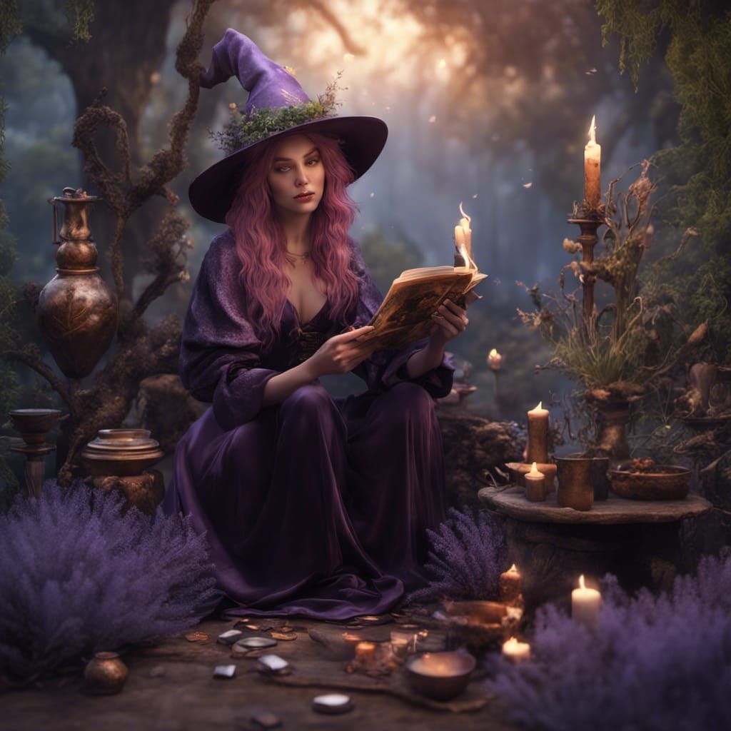 Woodland Witch Reading Tarot, Detailed Matte Painting