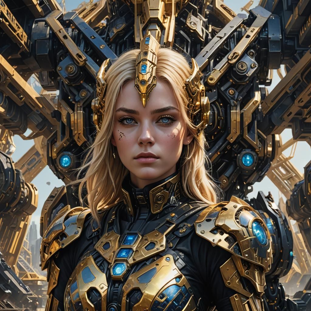 Woman with Gold Mask and Mech, Sci-Fi Art