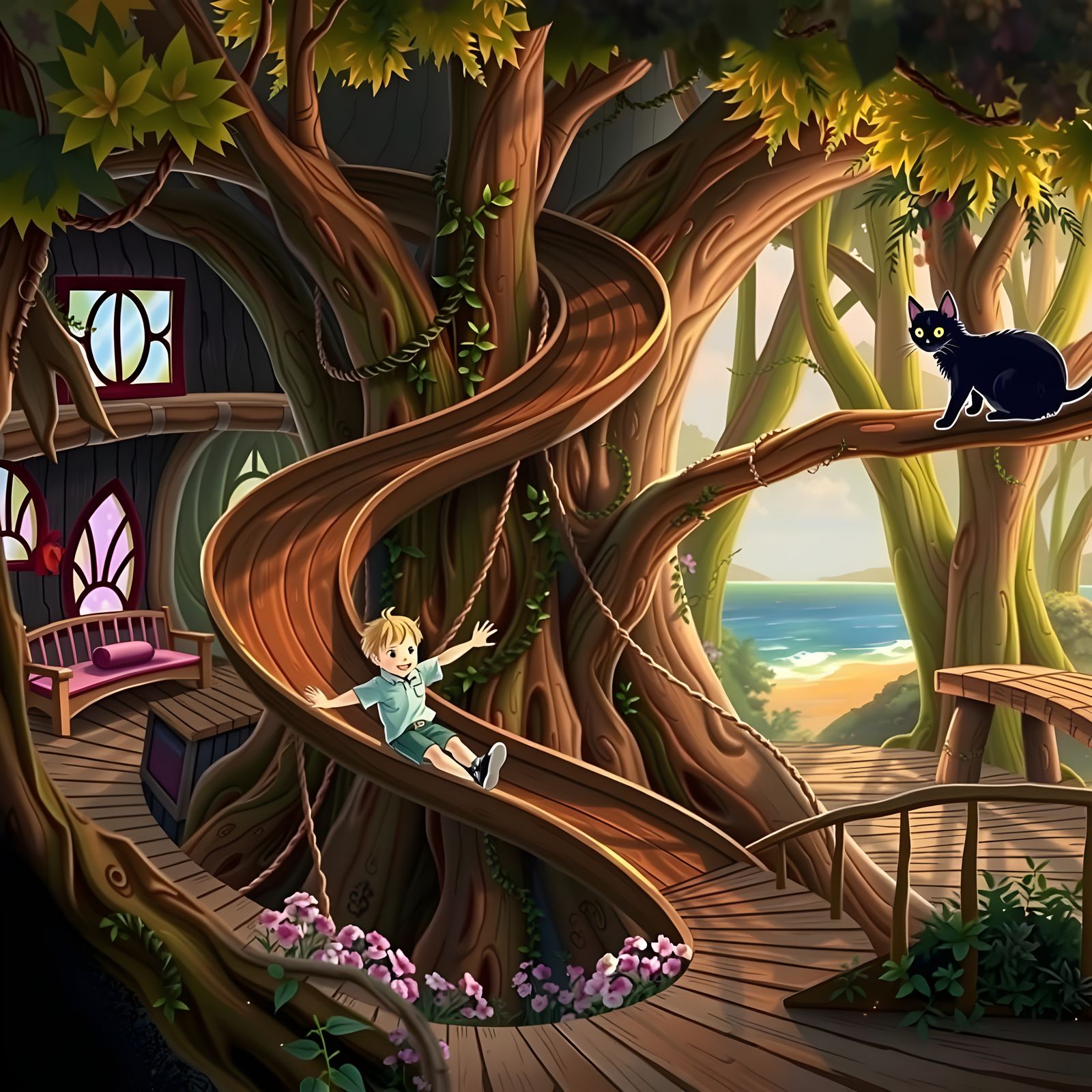 Whimsical Treehouse in a Vibrant Forest