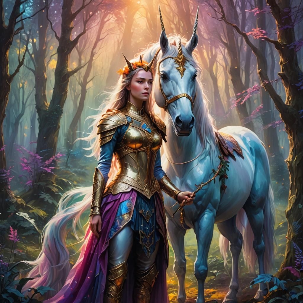 Unicorn and Lady in Magical Forest Oil Painting