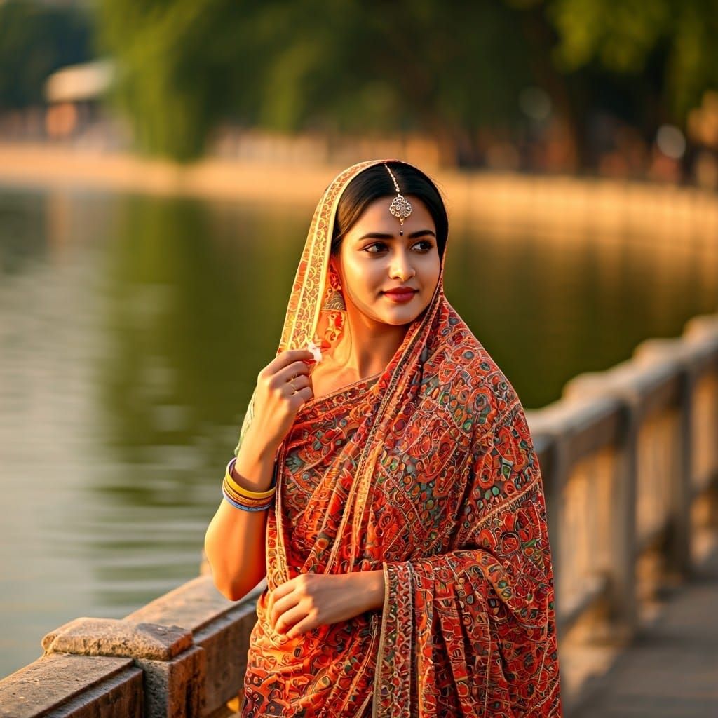 Serene Indian Woman Basks in Lake's Tranquility
