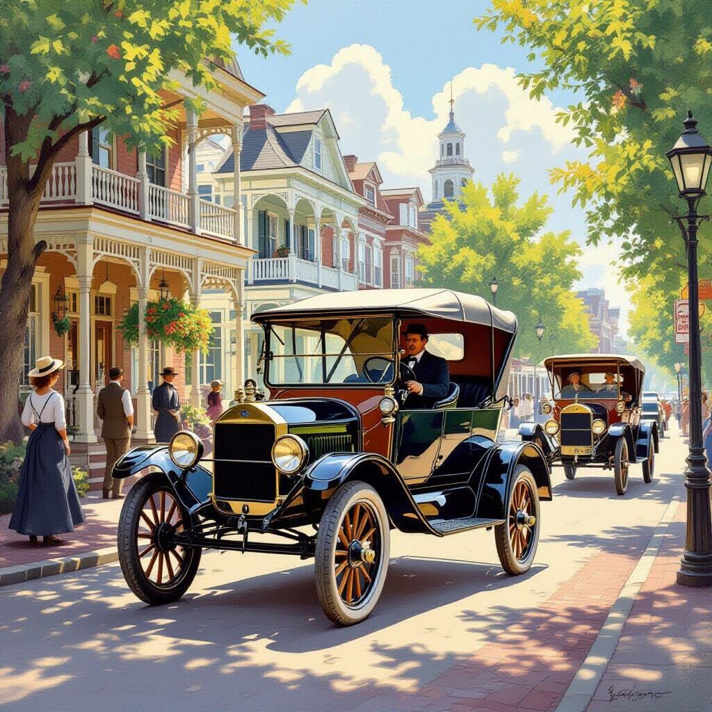 1900 Ford Model T on Dusty American Road with Victorian Town