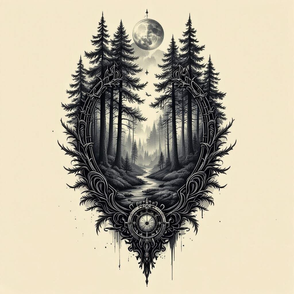 Steampunk Forest Tattoo Design in Charcoal Drawing Style