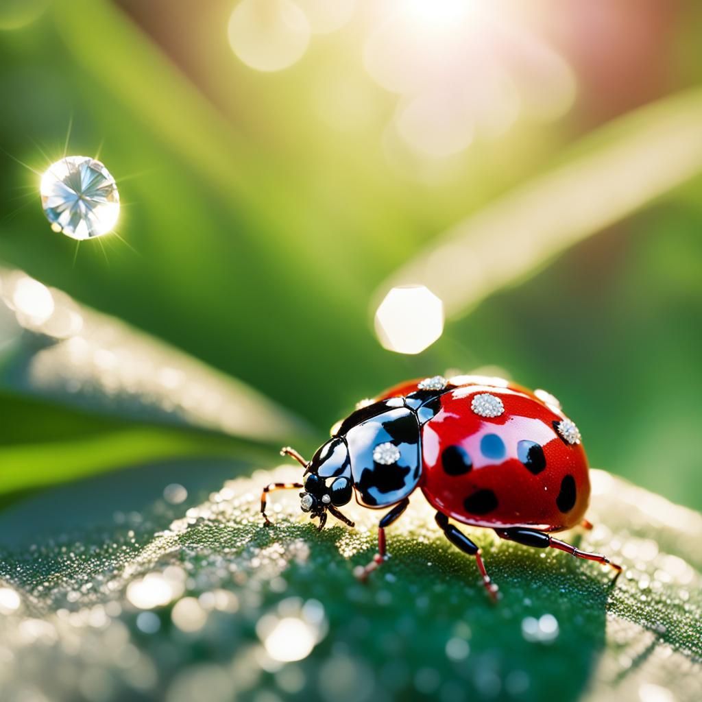 Hyperreal Macro Photograph of a Ladybug on Crystal Leaf