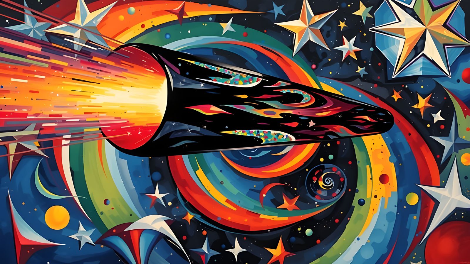 Iridescent Metallic Cylinder Soaring Through Cosmic Starscap...