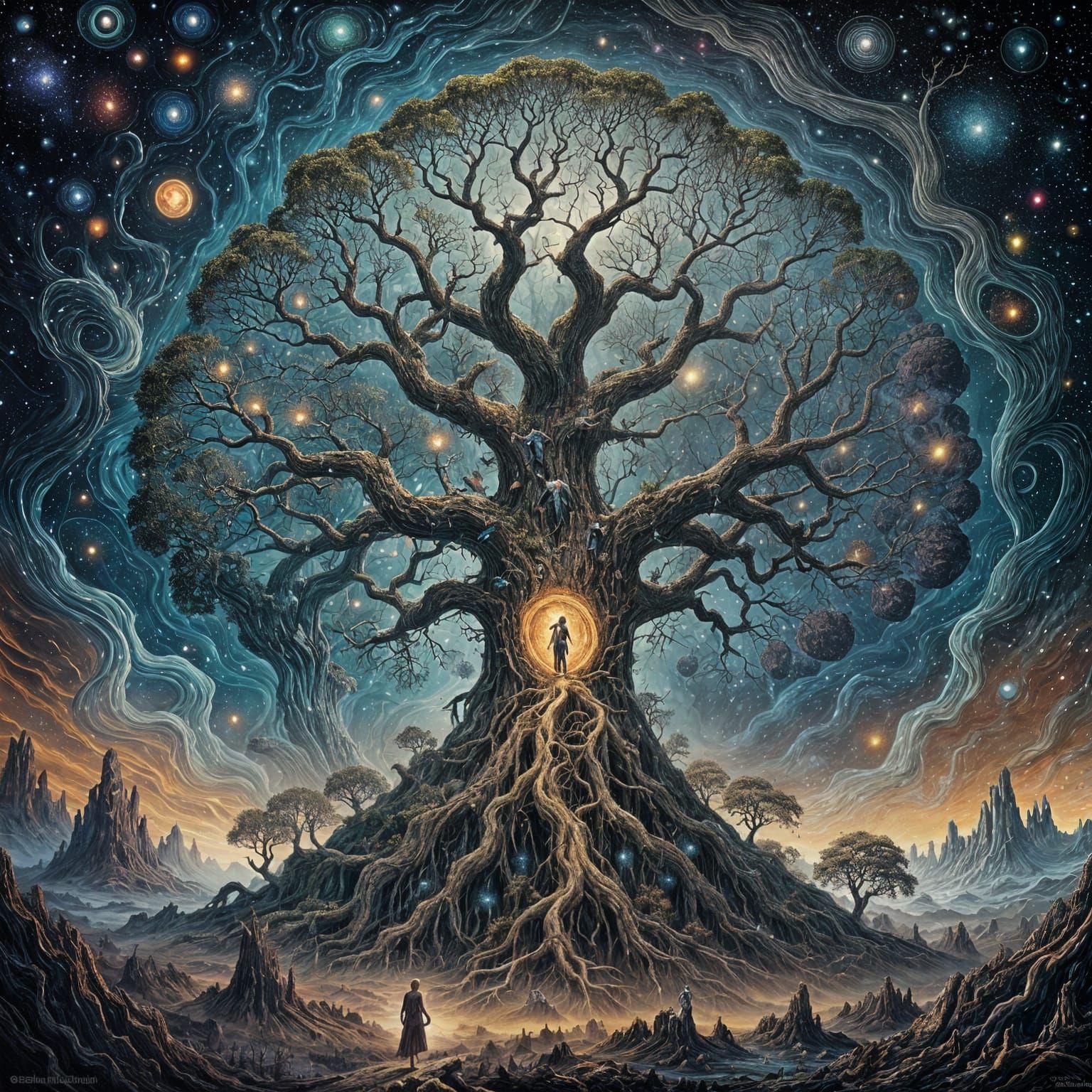 Cosmic Tree in Gothic Landscape, Surreal Art