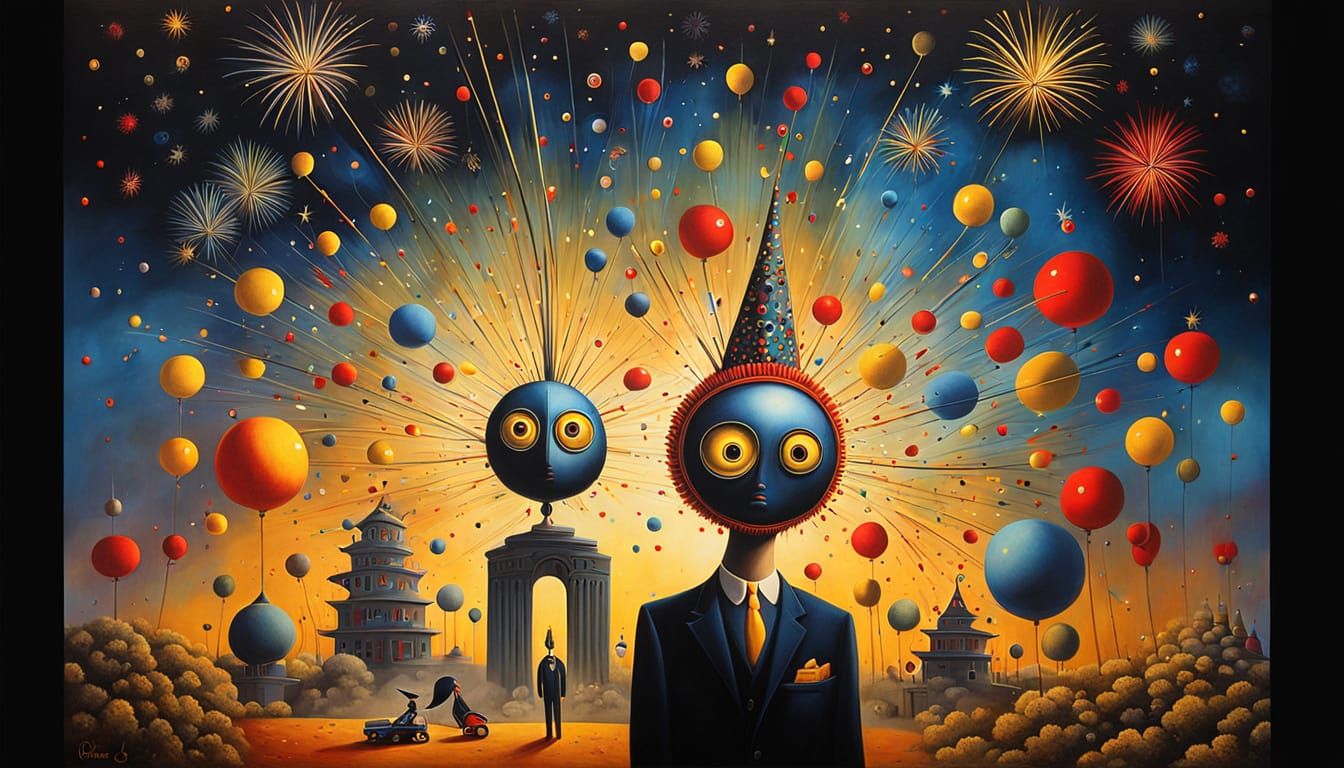 Surrealist Portrait with Fireworks and Futuristic Details