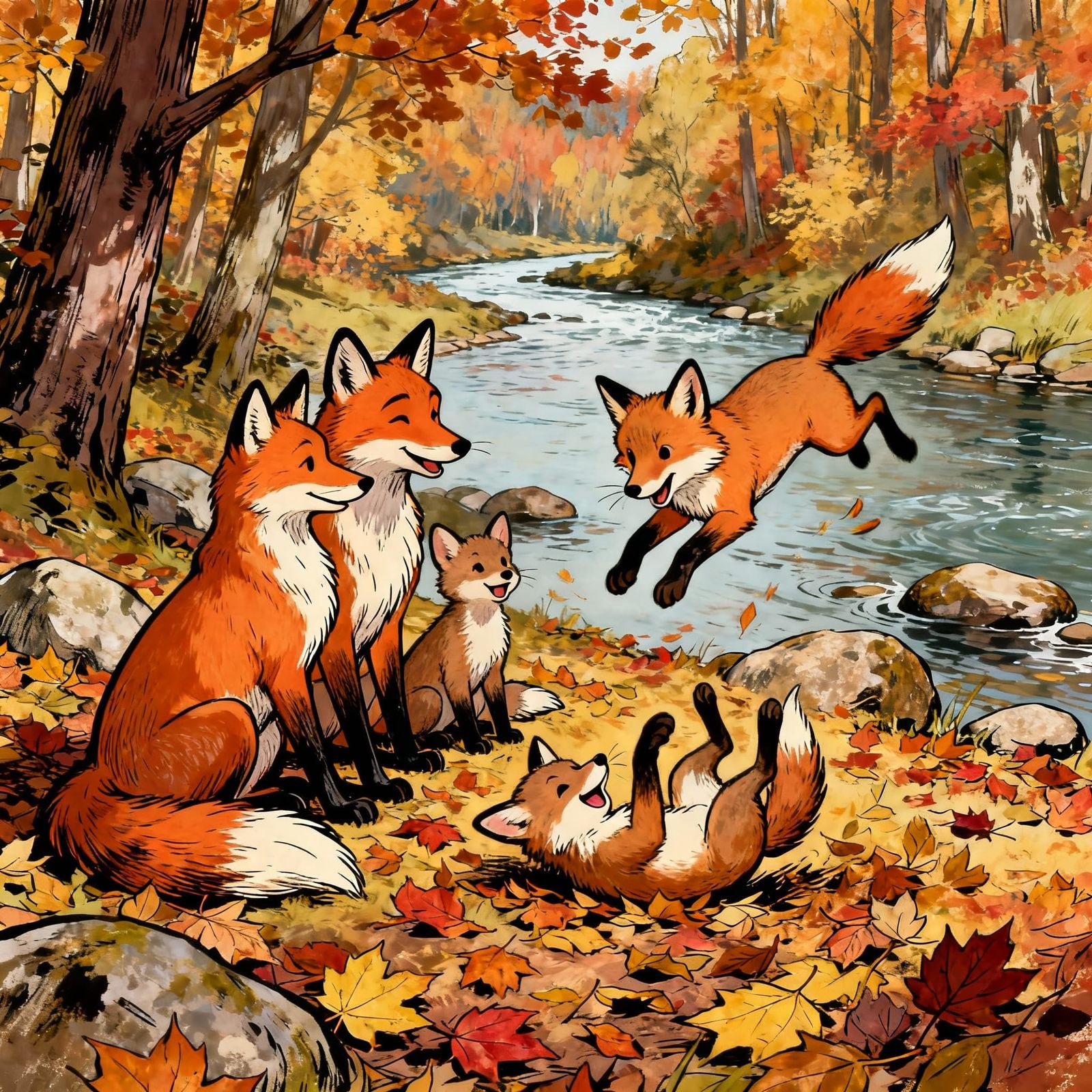 Happy Fox Family in Vibrant Autumn Forest