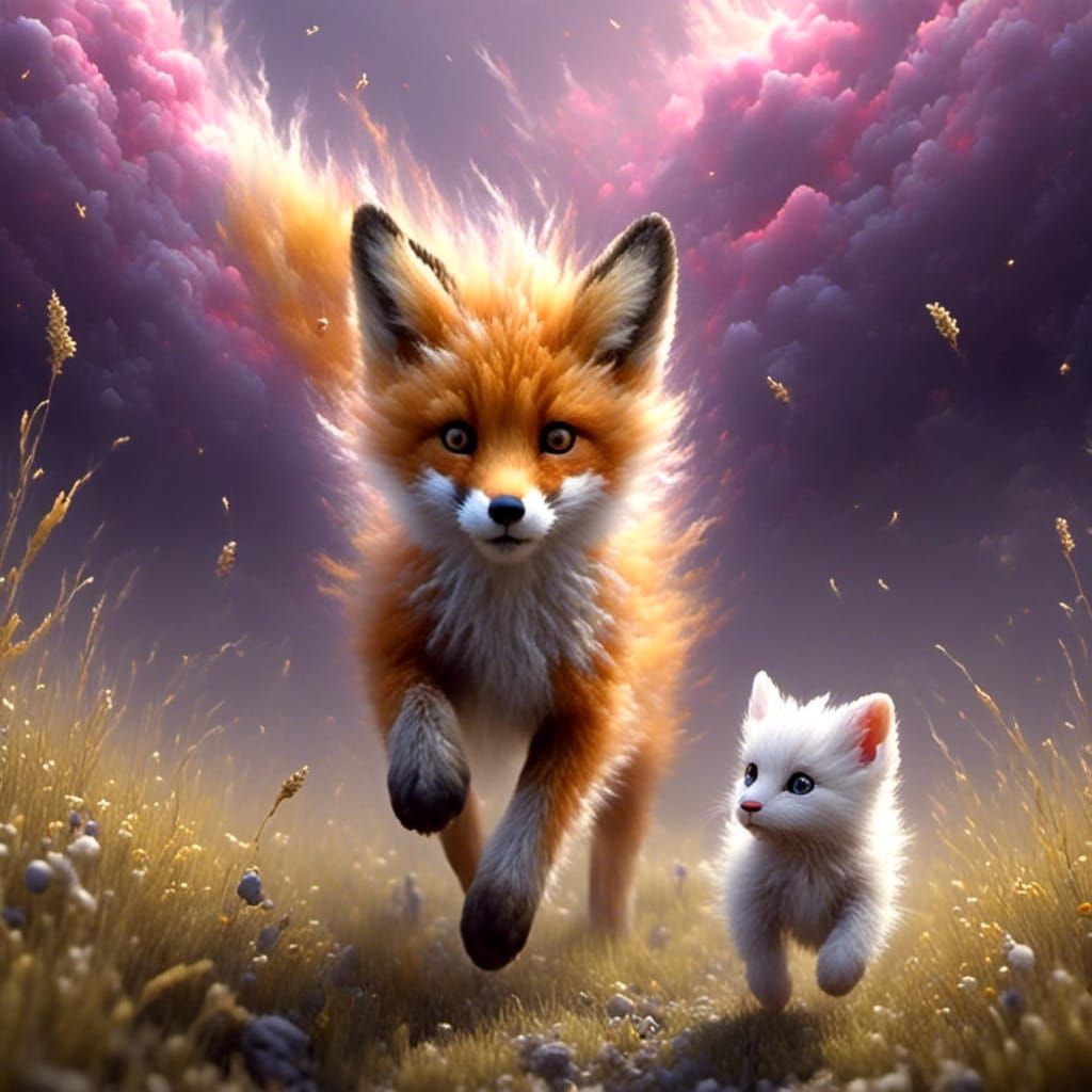 Chibi Fox Chasing Dragon on Savannah