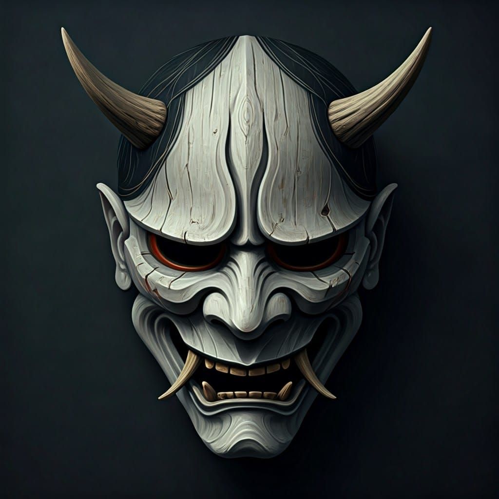 Rough-Hewn Pale Wooden Oni Mask in Gothic Style