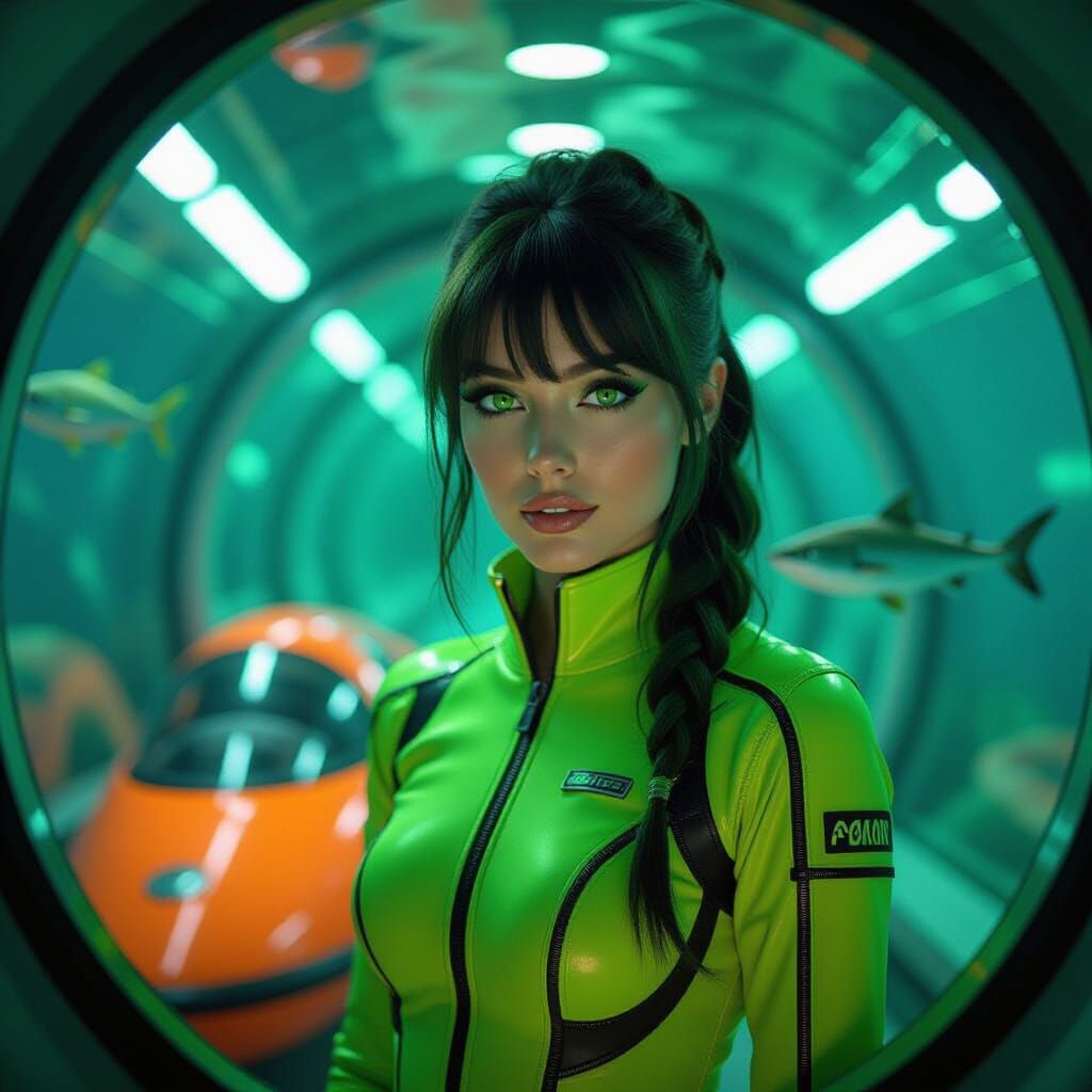 Attractive Woman in Futuristic Neon Underwater Tunnel