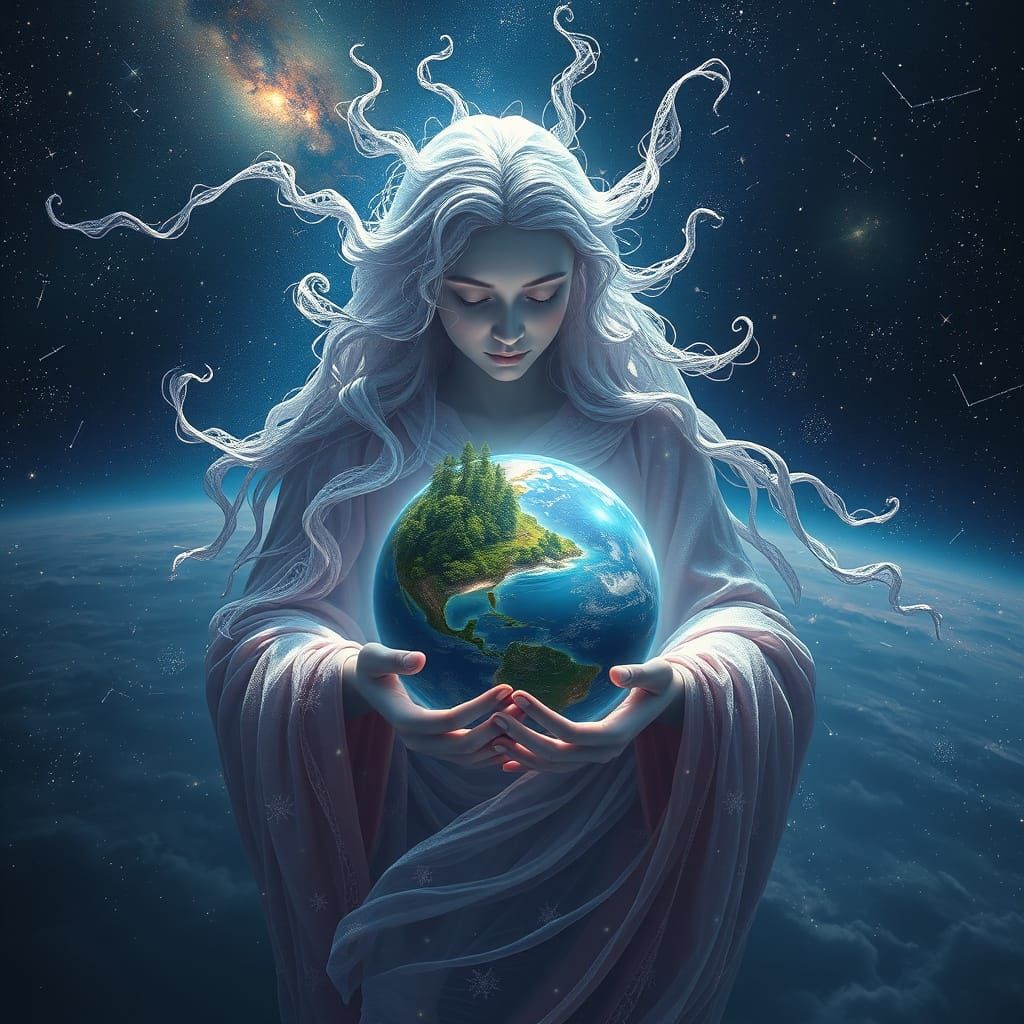 Celestial Being Cradles Sleeping Planet in Stardust