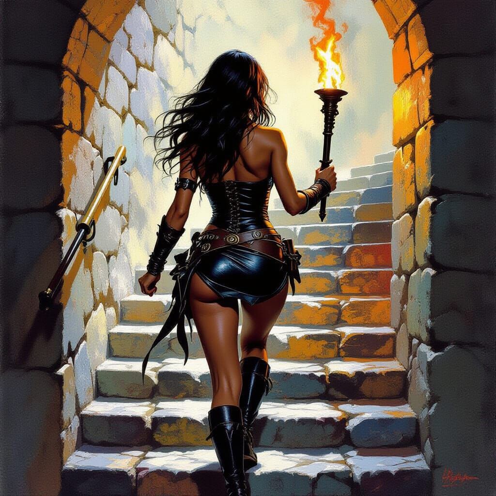 Fantasy Woman Climbs Stone Stairs with Torch