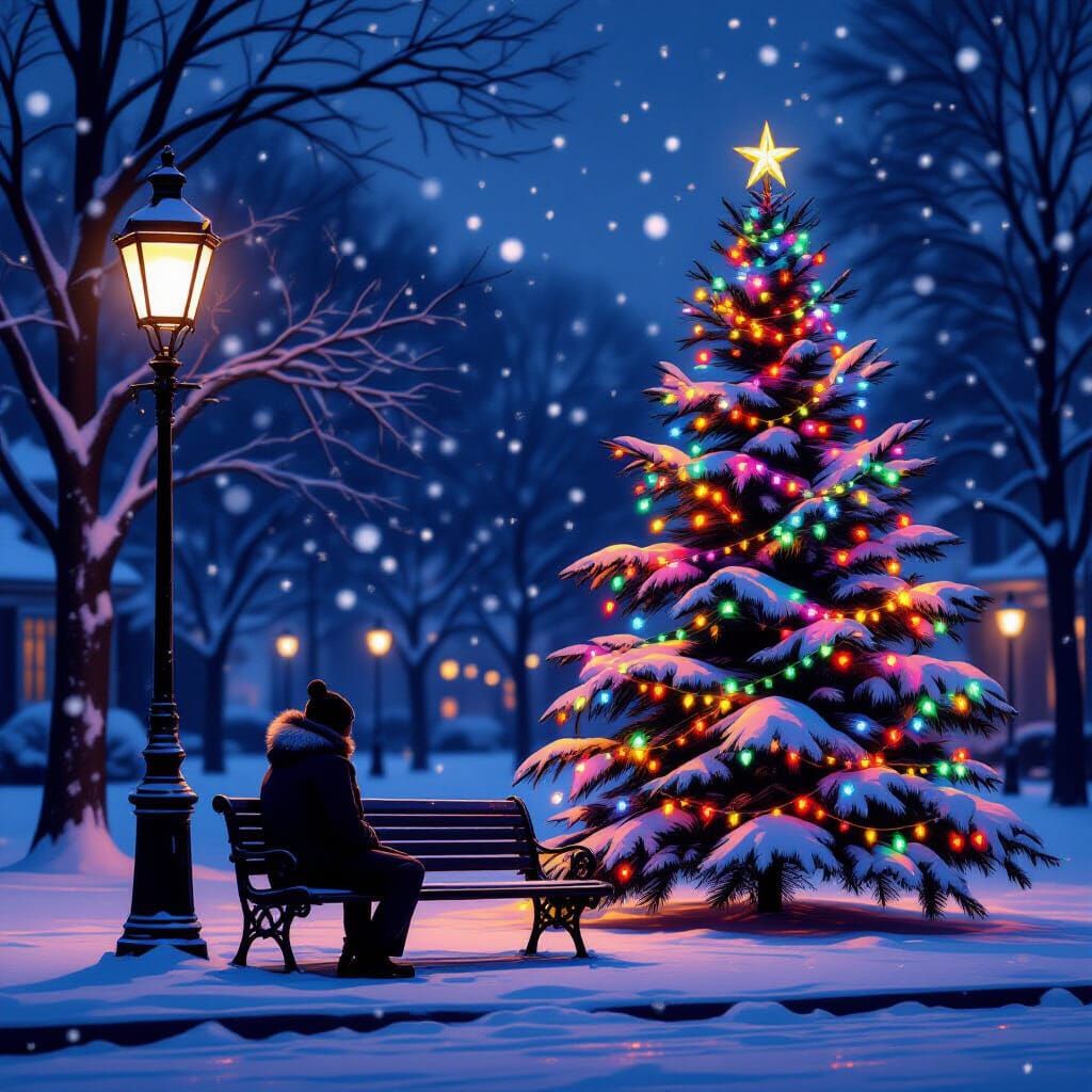Snowy Christmas Night Scene with Figure on Bench