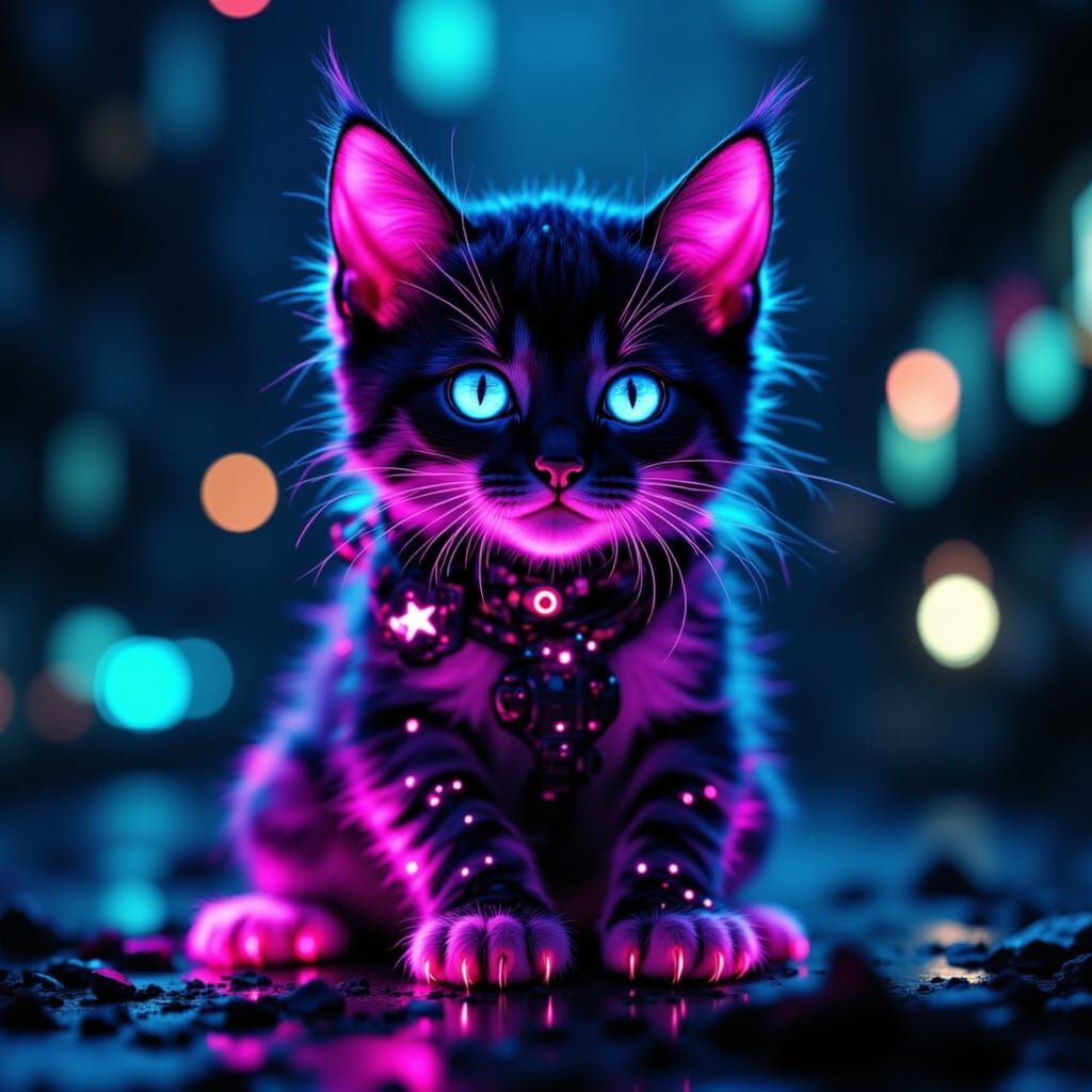 Gothic Punk Iridescent Kitten in Dark Night