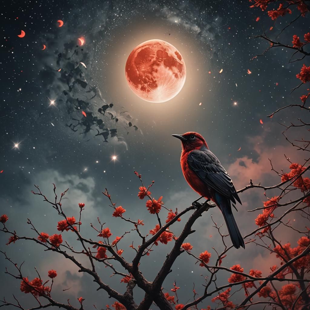Songbird Gazes at Red Moon: Digital Matte Painting