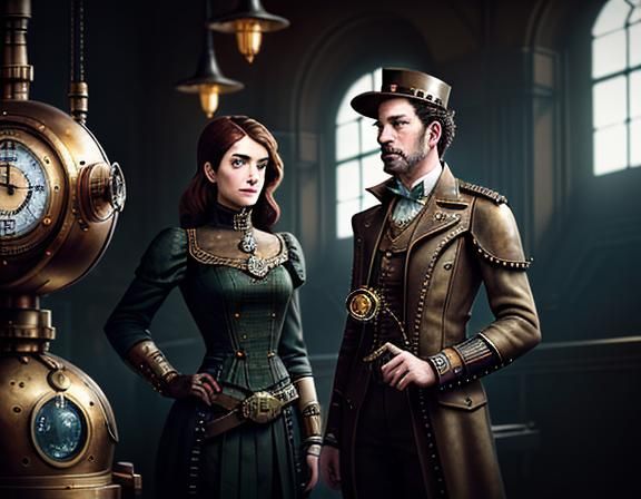 Steampunk Twins in Time Machine: Cinematic Digital Art