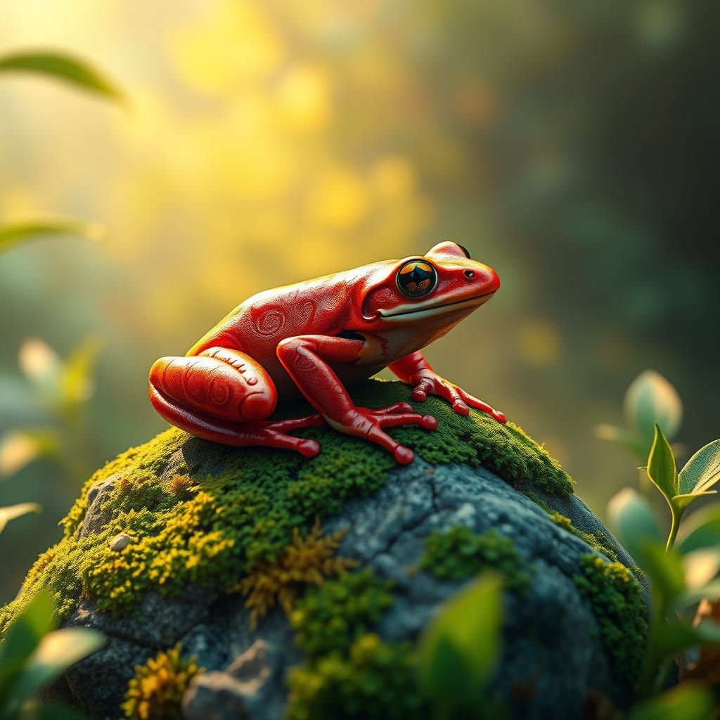 Hyper-Realistic Tomato Frog in Lush Fantasy Landscape