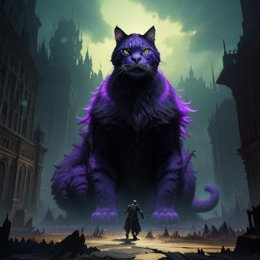 Epic Giant Cat Boss Fight in Dark Fantasy Style