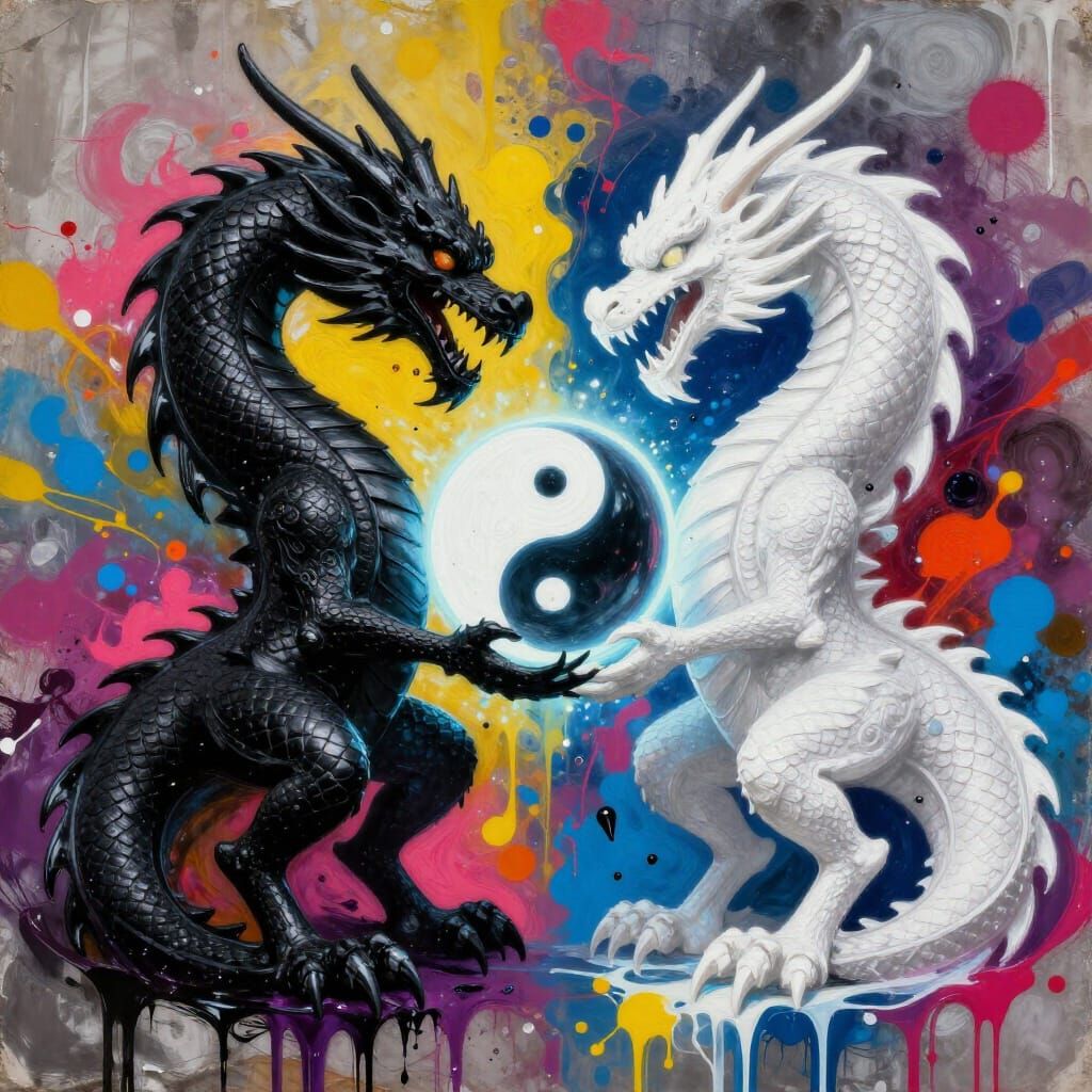 Yin Yang Dragons in Graffiti Art Style