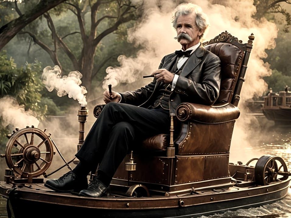 Mark Twain on Steampunk Paddle Wheel Boat