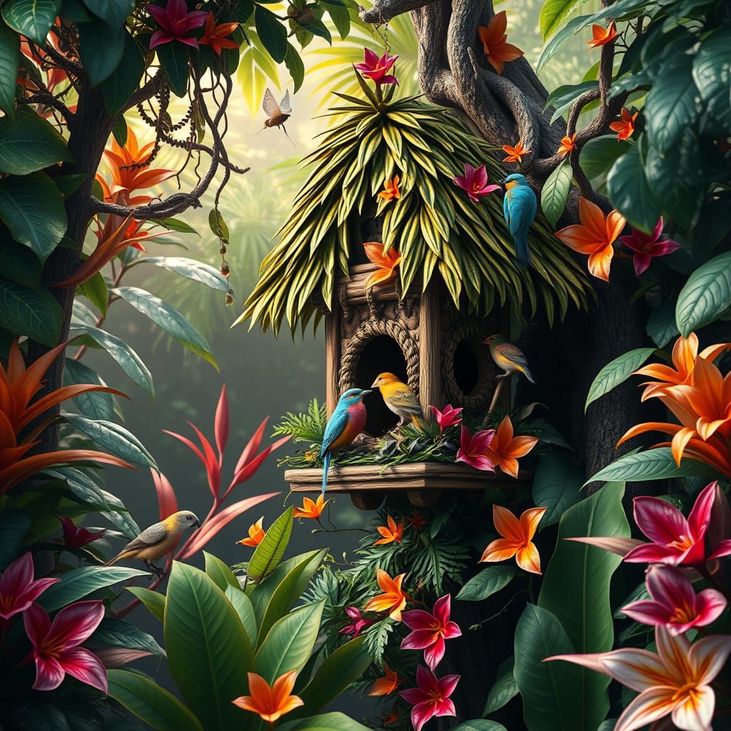 Birdhouse in Tropical Rainforest, Hyperrealistic Art Nouveau
