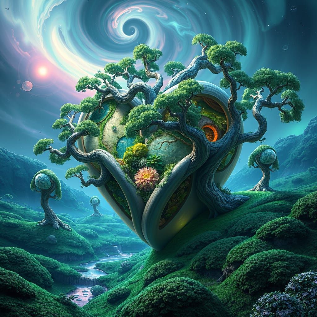 Futuristic Heart-Shaped World Blooms with Lush, Iridescent L...