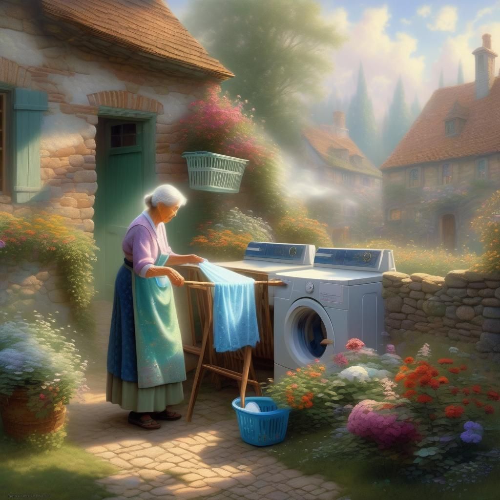 An elderly woman doing her laundry in the summer, using the ...