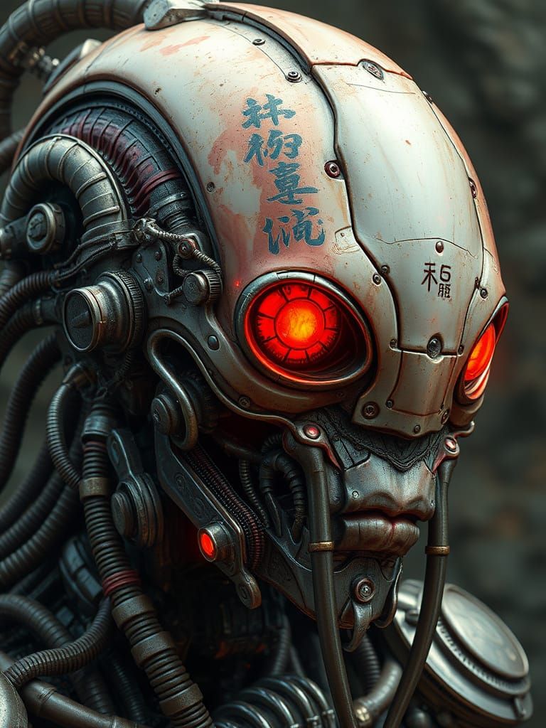 Biomechanical Goddess in Opal and Red Cyberpunk Armor