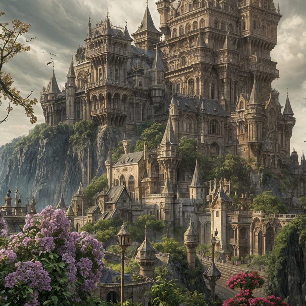 Epic Castle with Dragons and Flowers