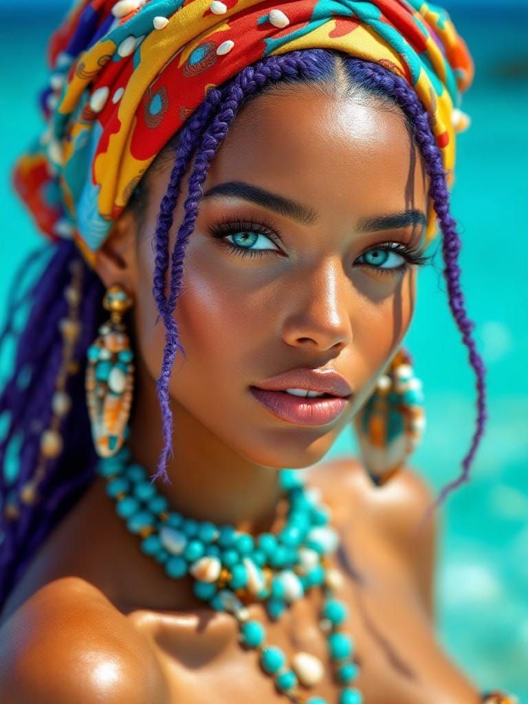 Golden Woman with Braids on Dreamy Beach