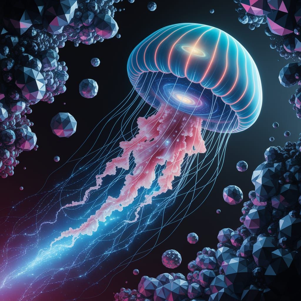 Surreal Cosmic Jellyfish Drifts through Bioluminescent Nebul...