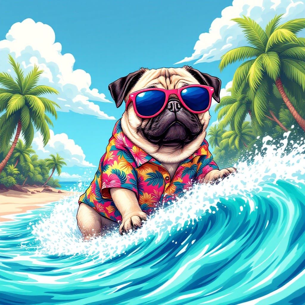 Vibrant Pug Surfer in Tropical Paradise